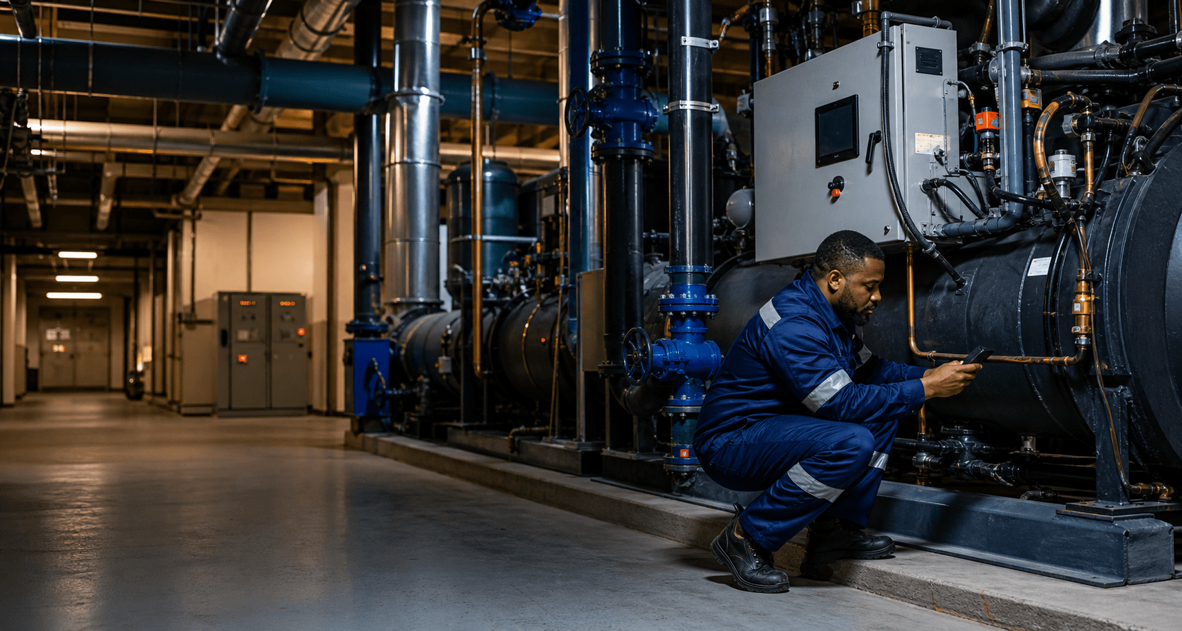 HVAC technician inspecting industrial refrigeration plant equipment